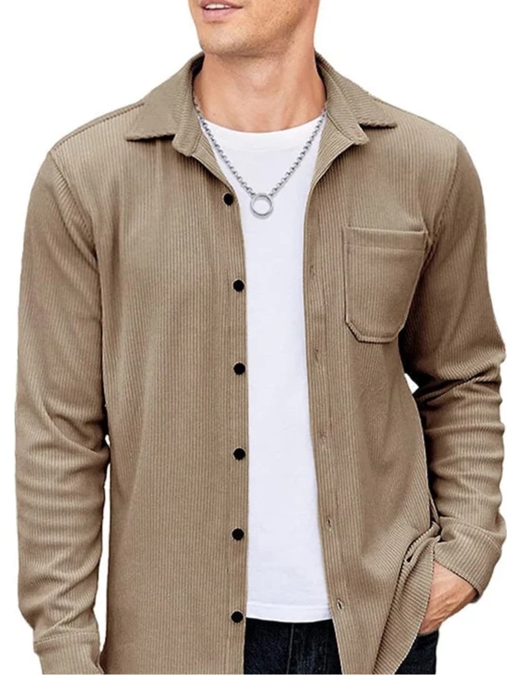 🆕 Men’s Coofandy Lightweight Corduroy Shirt Tan Button-Up Shirt - L NWT